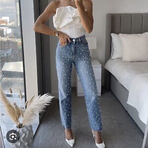 Zara Light Blue Embellished Pearl Jeans